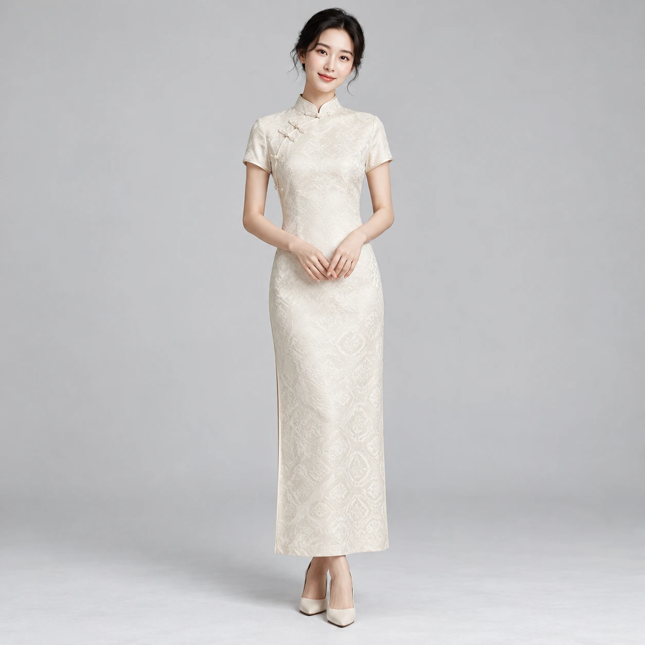 Moonstone Jacquard Qipao in Moon Ivory